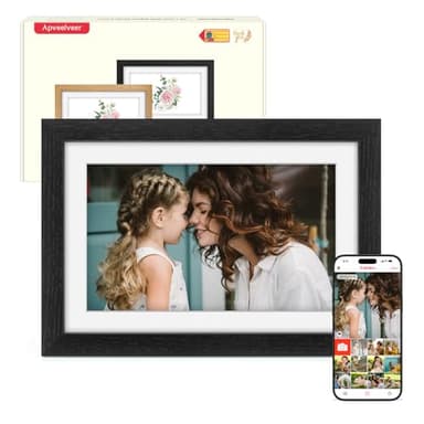 Cornice Digitale Legno Nero WiFi, 10,1" Frameo Portafoto Digitale 32 GB Memoria, Touchscreen IPS HD 1280 * 800, Rotazione Automatica, Condividi Foto/Video Tramite l'app Frameo, Regalo da Donna Uomo