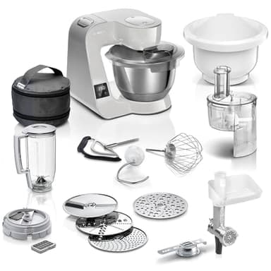 Bosch Robot da cucina serie 4 MUM5XL72, bilancia integrata, 2 ciotole da 3,9 l, frullatore da 1,25 l, set di miscelazione, cutter continuo, ingranaggio planetario, tritacarne, taglierina a cubo, 1000