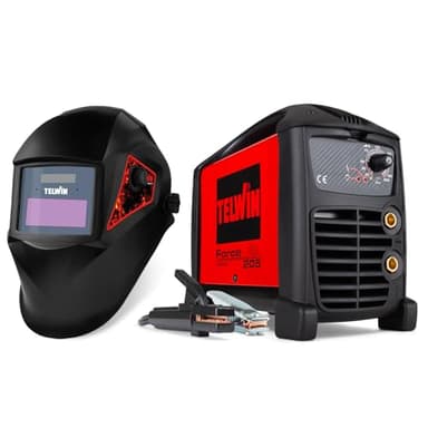 Telwin Force 205 Saldatrice Inverter ad Elettrodo con Maschera Automatica a Caschetto e Accessori di Saldatura MMA, 200A, Macchina per Saldare Leggera Compatta e Trasportabile, 230V, Made in Italy