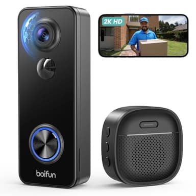 BOIFUN 2K Videocitofono Wifi Senza Fili da Esterno Campanello con Suoneria, 180°Vista Panoramica, Rilevamento Umano Intelligente AI, Audio Bidirezionale, IP65, Alexa Compatibile, 2.4GHz