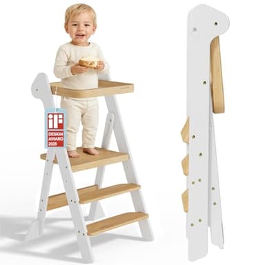 COSYLAND Torre Montessoriana Pieghevole – Torretta Montessoriana Regolabile con Design Premiato IF, Sicura, Pieghevole e Ideale per Attività di Apprendimento in Cucina e Bagno (Bianco & Naturale)