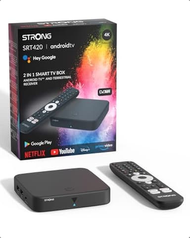STRONG SRT420 TV Box Android TV 4K Con Porta Ethernet, DVB-T2, 2GB RAM + 16GB Memoria, Chromecast Integrato, WiFi, Assistente Vocale Google, HDR10+, Dolby Audio & Dolby Vision