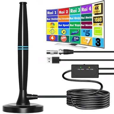 Nuova Antenna TV Portatile da Interno - Yowrepu Antenna TV Interna Amplificata Potente per DVB-T2/4K 1080P Smart TVs, Antenne Digitale Terrestre Con Base Magnetica e Cavo Coassiale da 5m