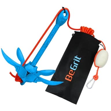 BeGrit Ancora Barca Pieghevole 1.5kg Kit di Ancora Kayak Gommone per SUP Canoe Ancoraggio Ombrello Acciaio Carbonio con Cima Ormeggio Corda Arancione Galleggiante da 10m e Borsa di Stoccaggi, Blu