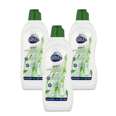 CARE + PROTECT ECO+ Gel Lavastoviglie, detergente ecologico, ipoallergenico, senza coloranti e fosfati, azione sgrassante e risciacquo, efficace nei cicli brevi, Maxi Pack 3x650 ml.