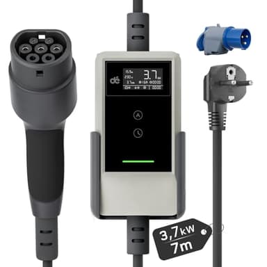 dé Cavo Ricarica Auto Elettrica Tipo 2 Schuko 3,7kW [7m | 6/8/10/13/16A] Colonnina Ricarica Auto Elettrica con Supporto, Wallbox Compatibile con Model Y/3, e208 e Altri EV/PHEV, Bianco