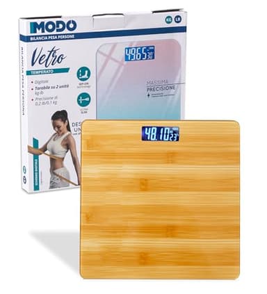 IPEA Bilancia Pesa Persone Digitale Ultra Sottile color Legno - Tecnologia STEP ON - Massima Precisione Peso - Design Elegante in Vetro Temperato - Display Misurazione precisa 0,1 KG - Max 180Kg