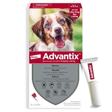 Advantix® Spot-on antiparassitario per Cani da 10 kg a 25 Kg, 6 pipette da 2,5 ml. Elimina zecche, pulci, pidocchi e larve di pulce . Protegge da zanzare, pappataci e rischio di leishmaniosi.