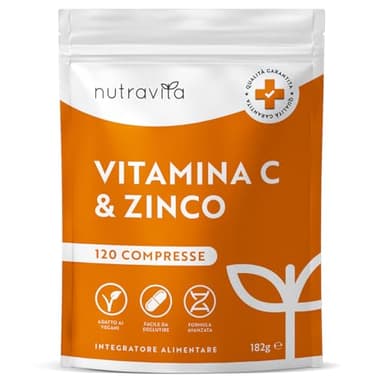 Nutravita Vitamina C Pura Alto Dossagio 1000mg + Zinco 15mg – 120 Compresse Vegane - Integratori Vitamina C Zinco ad Alta Resistenza - Sostiene il Sistema Immunitario, Pelle, Ossa, Unghie, Capelli