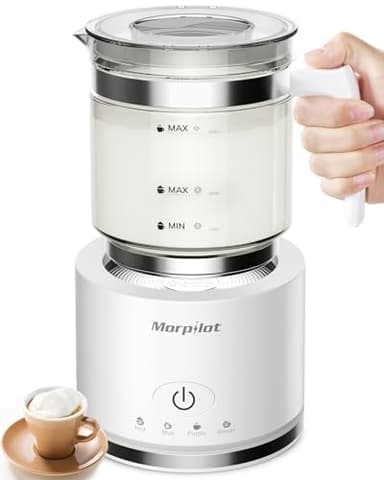 Montalatte Elettrico, Morpilot Milk Frother in Vetro, Bello da Vedere, 4 in 1 Funzione, Capacità 250ml Cappuccino o 500 ml Latte Caldo, Design Diviso, Bianco