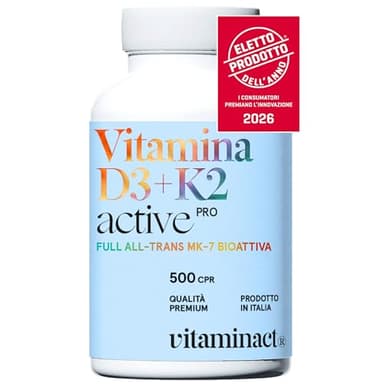 Vitamina D3 K2 (Dura 1 anno e 4 mesi) 500 Microcompresse – ELETTO PRODOTTO DELL’ANNO 2026 - Senza Biossido di Silice, Vitamina D3 2000 UI a Compressa – Vit. K2 MK 7 - Massimo Dosaggio di Vitamine.