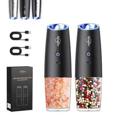 Sangcon Gravity Set Macina sale e pepe elettrico ricaricabile USB con luce LED, 6Oz Capacità, funzionamento con una sola mano, macinazione automatica, Grossolana Regolabile (Nero)