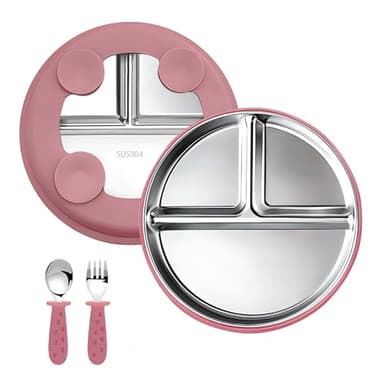 Set di Stoviglie, Piatto Svezzamento, Piatti per bambini, Cucchiai e Forchette per Bambini, Set di Posate in Silicone e Acciaio Inox per Bambini Piatti in Acciaio Inossidabile con Ventosa (Rosa)