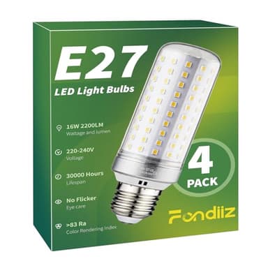 Fondiiz Lampadine LED E27 Luce Naturale 4000K, 16W 2200LM Lampada LED E27 Equivalenti a 200W Lampada Alogena, Lampadina E27 LED Mais Risparmio Energetico, AC 220-240V, Non Dimmerabile, 4 Pezzi