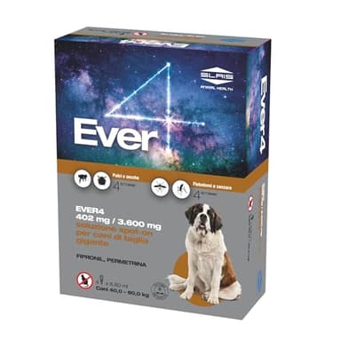 Ever 4 Pipette Antiparassitario Cani XL (40-60 KG) - Spot-On per Pulci, Zecche, Flebotomi, Zanzare - Protezione Completa - Fialetta Antipulci Cane