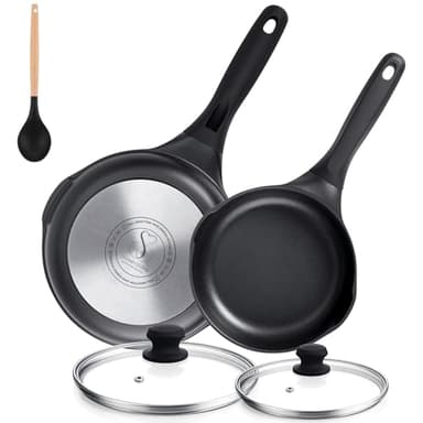 Stone&Stone Set 2 Padelle Antiaderenti 24cm e 28cm Rivestimento Ceramico Tedesco GREBLON Super Antiaderente, Alluminio e Acciaio per Induzione e Gas Prive di PFAS, PTFE PFOA + 2 Coperchi + 2 Cucchiai