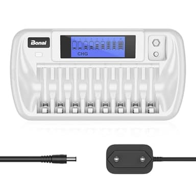 BONAI 9 Slot Caricabatterie per Ricaricabili Stilo AA/Ministilo AAA/9V Batterie Ni-MH Ni-Cd con LCD Display