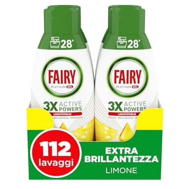 Fairy Platinum Detersivo Lavastoviglie Gel Liquido,112 Lavaggi, Confezione da 4 Bottiglie, Platinum Limone, Dona Extra Brillantezza Alla Lavastoviglie, Combina Pulizia Brillantezza E Freschezza