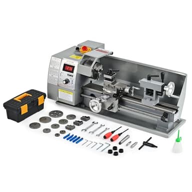 CREWORKS 600W Tornio per Metallo 210 x350 MM a Velocità Variabile 0-2250rpm con Mandrino a 3 Griffe e Display LCD per Filettatura, Tornitura, Foratura, Lucidatura