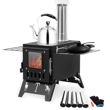 qorkhogr Stufa a Legna, Stufa Pieghevole Portatile da Campeggio per Tenda Calda a Legna con 5 Tubi Camino per Campeggio Esterno Cucina Riscaldamento BBQ Escursionismo Pesca Caccia Nero