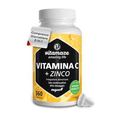 Vitamina C 1000mg (1 Anno) + Zinco + Bioflavonoidi, 360 Compresse, 1 Compresse per Giorno, Vegan Vitamina C Pura Dose Forte, Qualità Tedesca, Integratore Alimentare senza Additivi. Vitamaze®