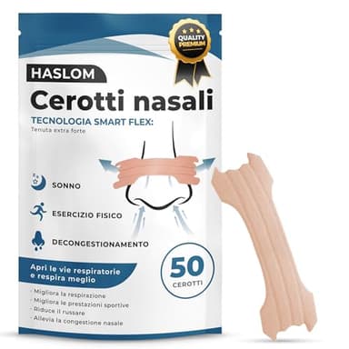 50 CEROTTI NASALI antirussamento Haslom®. Cerotti per non russare, cerotti nasali sport, anti russamento uomo, cerotti per non russare, cerotti naso, nasal strips, cerottini nasali