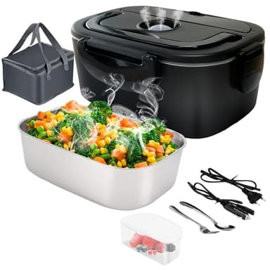 Gentre Lunch Box Scaldavivande Elettrico Portatile 4 in 1 per Auto Camion e Ufficio 12V/24V/110V/220V 1.5L 60W Porta Pranzo in Acciaio Inox, Scomparti, Forchetta Cucchiaio e Borsa Per il Trasporto