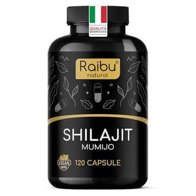 Shilajit Himalayano Puro - 120 Capsule di Shilajit Puro con 50% Acido Fulvico - 1300 mg per Dose Giornaliera - Testato in Laboratorio, Alta Dose e Biodisponibilità - Energetico, Vitalità - Raibu