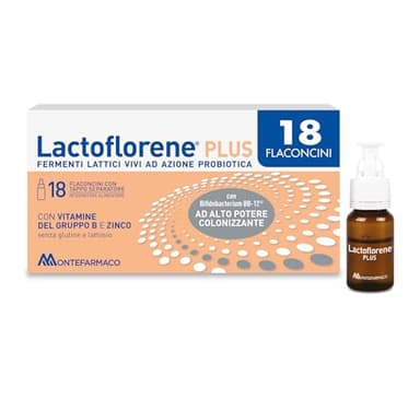 Lactoflorene Plus, Fermenti Lattici, Probiotici, Senza Glutine Senza Lattosio - Integratori Adulti a base di Probiotici con Zinco e Vitamina B per l’Equilibrio della Flora Intestinale (18 Flaconcini)