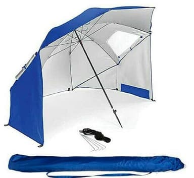 BestIF - Ombrellone da spiaggia, misura XXL, robusto ombrellone 2 in 1 per spiaggia e giardino, protezione solare UV 50, pieghevole, multifunzione, con finestra, 210 x 220 cm
