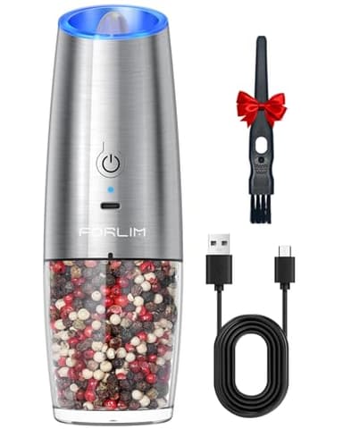 FORLIM Macinapepe Elettrico, Ricarica USB, Macina Sale da 6 Once, Con Luce a LED, Operazione a Una Mano, Regolabile Per Spessore, Acciaio Inossidabile 1 Pezzo (Argento)