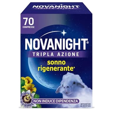 Novanight Tripla Azione Melatonina per Dormire, Integratori per Dormire, Disturbi del Sonno - Senza Glutine, con Melatonina, Escolzia, Passiflora, Melissa. Non Induce Dipendenza (70 Compresse)