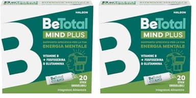BeTotal Mind Plus, Integratore Alimentare con Vitamina B, Fosfoserina, L-Glutammina, Supporto per Stanchezza Mentale, Memoria e Concentrazione, Adulti e Bambini 6+, 20 Bustine ​ (Confezione da 2)