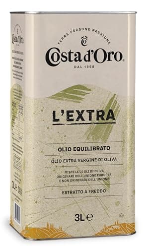 Costa d’Oro – L’Extra 3L. Olio Extravergine di oliva estratto a freddo. Sapore equilibrato, adatto a tutte le ricette e come condimento per insalate. Latta da 3 litri.