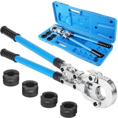 Pinza per Serra Multistrato, Pressatrice Tubi Multistrato, Crimpatrice Multistrato, 4 Matrici U 16-20-25-32 mm, con Testa Girevole a 360°, Maniglia Retrattile, per Tubo PEX, Tubo Composito