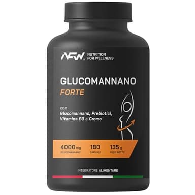 NFW® GLUCOMANNANO FORTE 180 capsule - 4000mg Glucomannano puro, con Prebiotici, Cromo e Vitamina B3. Soppressore, Inibitore fame | Dimagrante