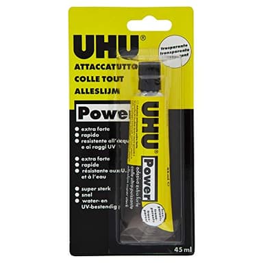 UHU Power Poliuretanico 45ml Adesivo speciali Extraforte, rapido e pulito. Trasparente