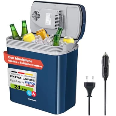 Frigorifero Elettrico Portatile per Auto da 24 Litri, Mini Frigo con Manico Ergonomico, Spina da 230V e 12V, Modalità Freddo e Caldo, Ideale per Camion, Macchina, Barca, Campeggio, Camper (Blue)