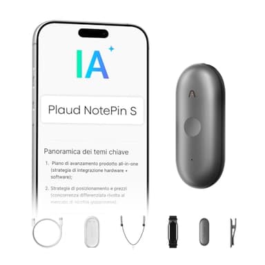 Plaud NotePin S Registratore Vocale AI Pulsante di Registrazione Tattile Audio Digitale Trascrizione Riepilogo Appunti Per Professionisti Sempre in Movimento Riunioni Lezioni con 4 Accessori, Grigio