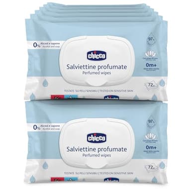 Chicco Salviette multiuso per neonati con placca senza alcool, profumate per pelli sensibili, confezione multipla da 864 salviette, 12 confezioni da 72 panni