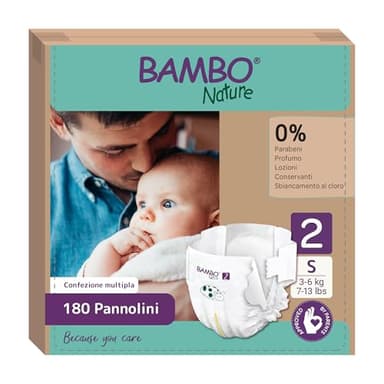 Bambo Nature Pannolini per bambini Taglia 2 (3-6kg) 180 pz. Scatola mensile | Pannolini premium con una migliore protezione dalle perdite | Massimo comfort per i neonati | Dermatologicamente testati