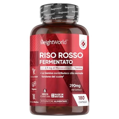 Riso Rosso Fermentato Vegano, 2,9mg Monacolina K per dose, 1 Capsula al Giorno per 6 Mesi, Vitamina B1 come Tiamina, Coenzima Q10 come Ubiquinone, Integratore Riso Rosso Red Yeast Rice Senza Glutine