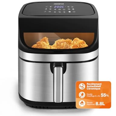 Aigostar Friggitrice ad Aria XXL 8,8 Litri, Air Fryer Doppia Resistenza, Risparmio Energetico 55%, 13 Programmi, Interno Acciaio Inox, Touchscreen & Finestra, Comunità Ricette, 2200W, Nero