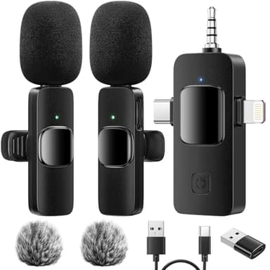 GlasFlength Microfono Wireless per iPhone Android Fotocamera Laptop e PC, 4 in 1 Microfono Lavalier Wireless Plug & Play Mini Microfoni Professionali Riduzione del Rumore per Registrazione Video T