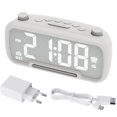 ROCAM Radiosveglia, Sveglia da Comodino con Luce Notturna, Altoparlante Bluetooth, Porta USB e Tipo-C, Snooze, Dimmer, Batteria di Backup, Orologio Digitale per Bambini/Adolescenti/Anziani