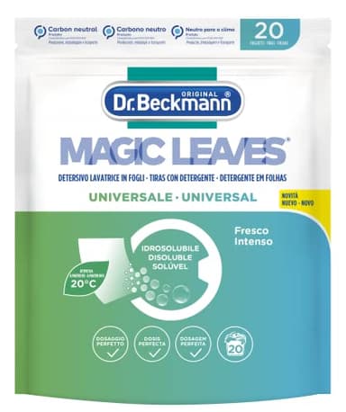Dr. Beckmann MAGIC LEAVES Detersivo Lavatrice in fogli UNIVERSALE | Facile da usare, facile da riporre & da trasportare | 20 fogli