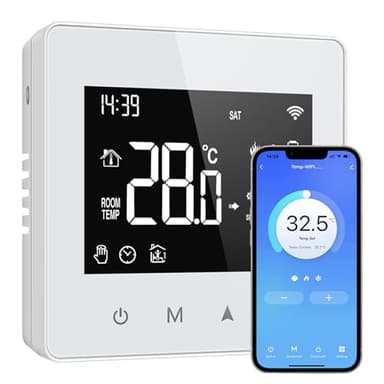 Termostato collegato WiFi, Tuya Termostato collegato Termostati Caldaia Gas, con Schermo LED Touch, Termostati programmabili, Compatibile con Alexa e Google Home, Controllo vocale e remoto (Bianco)