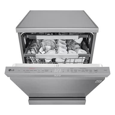 LG DF587HVS Lavastoviglie Libera Installazione Classe A -10%, 14 Coperti, Lavaggio a Vapore TrueSteam, LED Esterno, Sistema QuadWash, 4 Bracci Irroratori, Serie 5, Auto-Apertura, 43dB, Wi-Fi, Grigia