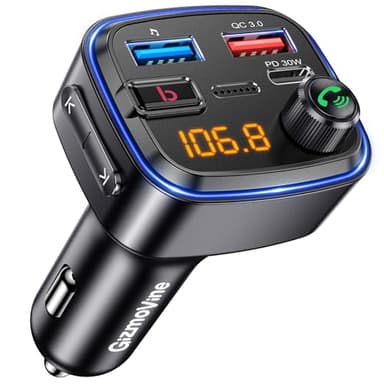 Gizmovine Trasmettitore FM Bluetooth Auto, Dispositivo BT per Auto Accendisigari, Rafforzamento del Basso, Collegare Telefono alla Macchina, USB C QC PD 30W Adattatore Radio per Autoradio