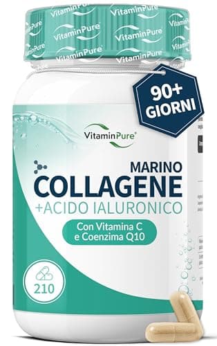 Collagene Marino con Acido Ialuronico, 210 Capsule di Collagene Marino Idrolizzato - Integratore per Capelli, Pelle e Ossa con Vitamina C e Coenzina Q10 - VitaminPure